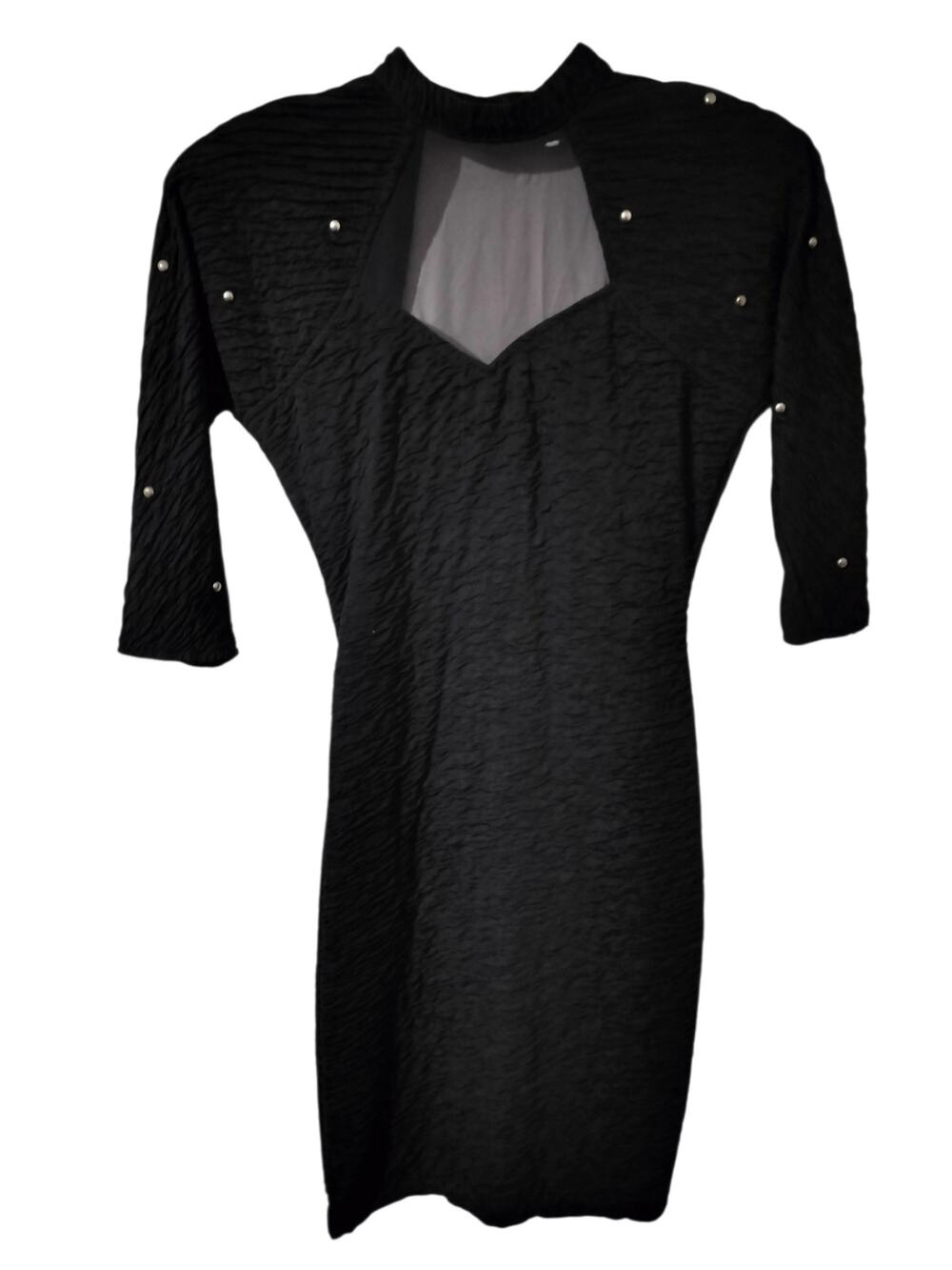 6062)Vtg 80s Absolutely! Black Textured Cutout Beaded Hi Mock Neck Cocktail 7/8